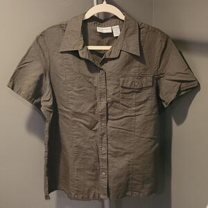 Jaclyn Smith Women's Button-up Linen Short Sleeve Shirt, Size XL, Khaki Green
